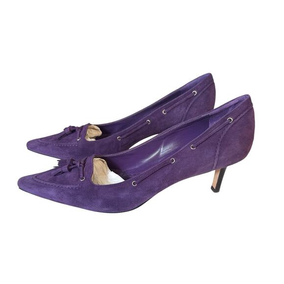 Brooks Brothers Plum Purple Suede Low Kitten Heel Pumps Tassel Pointed Toe 8.5 - Picture 2 of 7